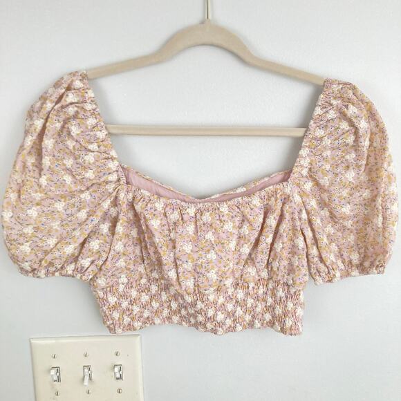 Storia Womens S Pink Floral Embroidered Puff Sleeve Crop Top Boho Cottage Fairy - Picture 6 of 8